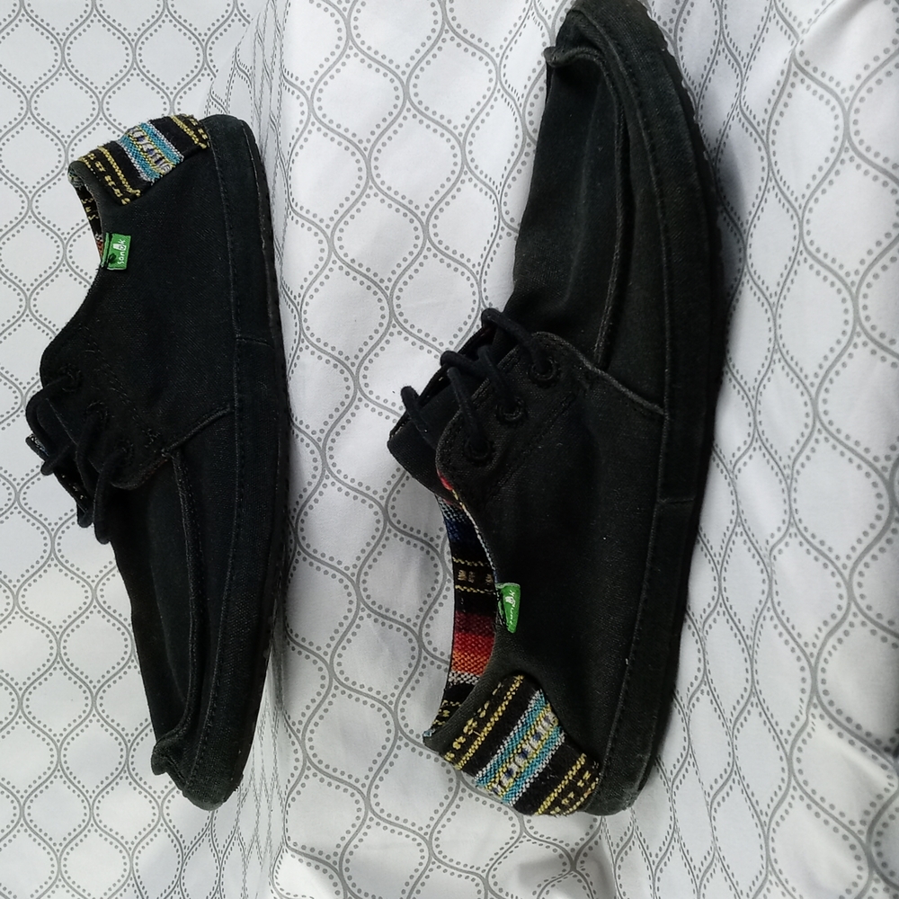 Mens Sanuk sidewalk sufer canvas black Aztec lined casual lace up shoes